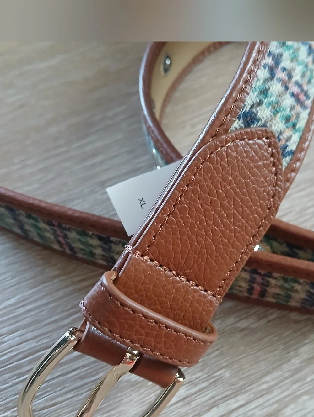 Talbots Belt Hybrid Fabric And Leather Hounds tooth Plaid Gold Tone Hardware XL